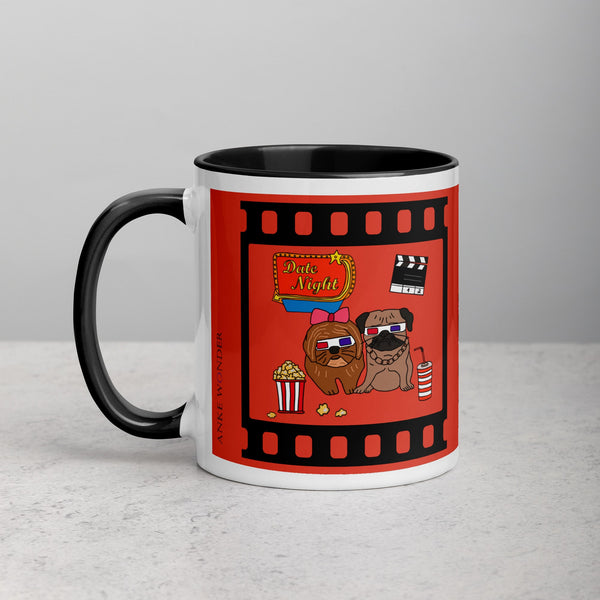 Ceramic mug with black rim and handle featuring two pugs on a movie date with 3D glasses and popcorn. Red theater-themed background, designed by Anke Wonder.