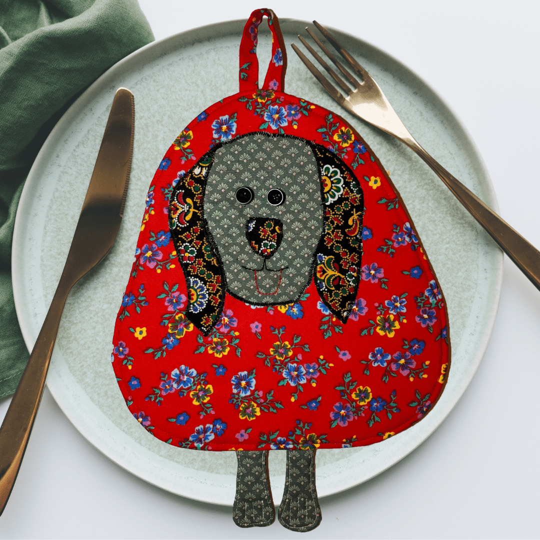 Dog Potholder: Red Floral Handmade Kitchen Accessories - Anke Wonder LLC