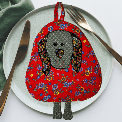 Dog Potholder: Red Floral Handmade Kitchen Accessories - Anke Wonder LLC