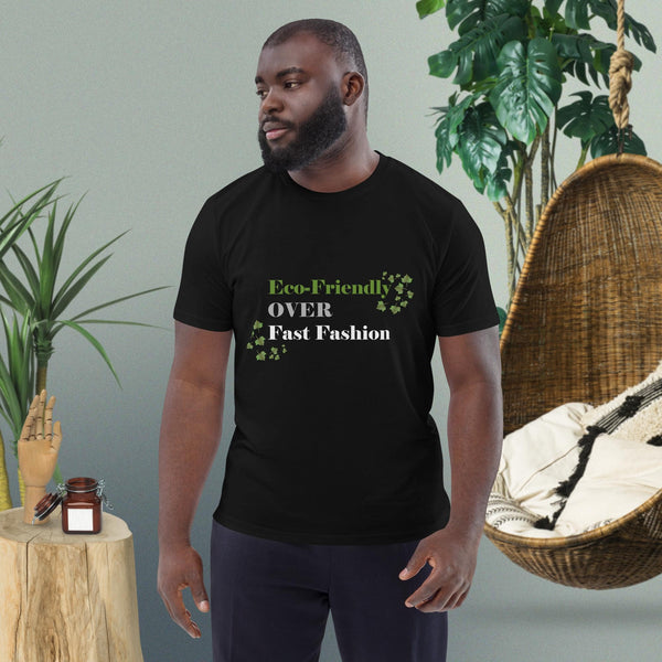 Front View of Men's t-shirt made from organic cotton with an ivy leaf graphic and the text "Eco-Friendly Over Fast Fashion.