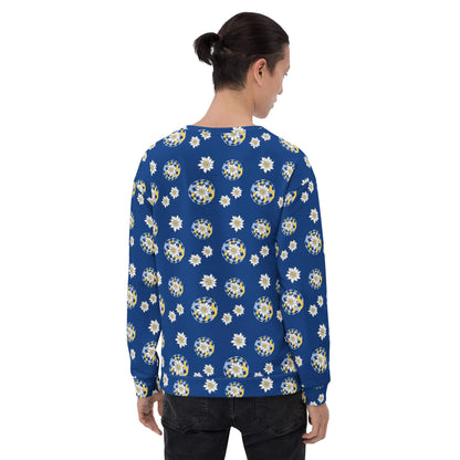 Back view of man wearing a blue floral patterned Edelweiß sweatshirt on a white background