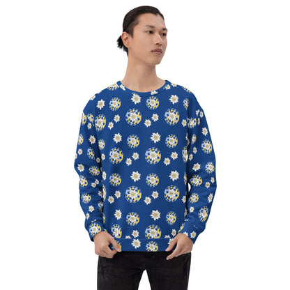 Man wearing a blue sweater with white and yellow floral Edelweiss pattern on a white background