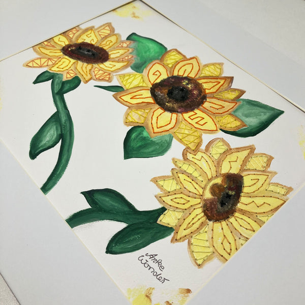 Hand-embroidered yellow sunflowers painting featuring three vibrant sunflowers with textured petals and green leaves, created with acrylic paint and embroidery thread by Anke Wonder.