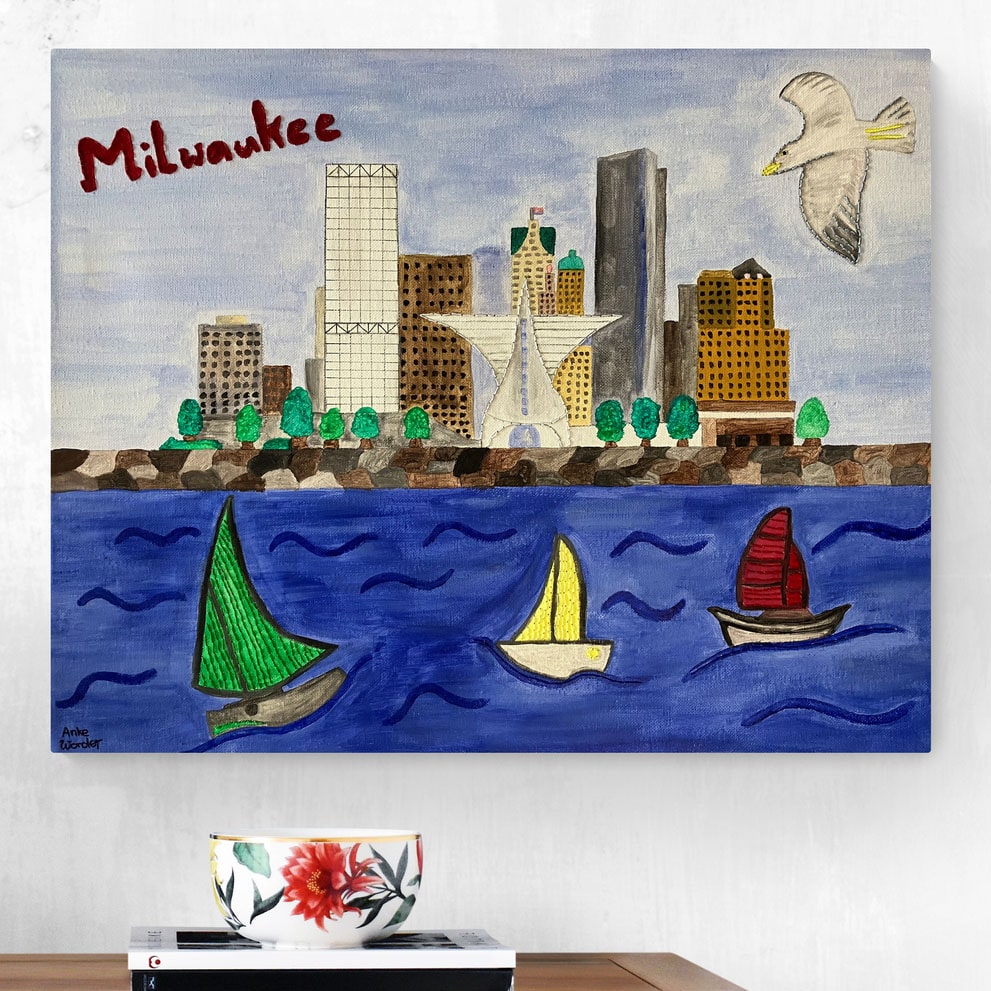 Hand-Embroidered Milwaukee Skyline with Sailboats Acrylic Painting - Original - Anke Wonder LLC