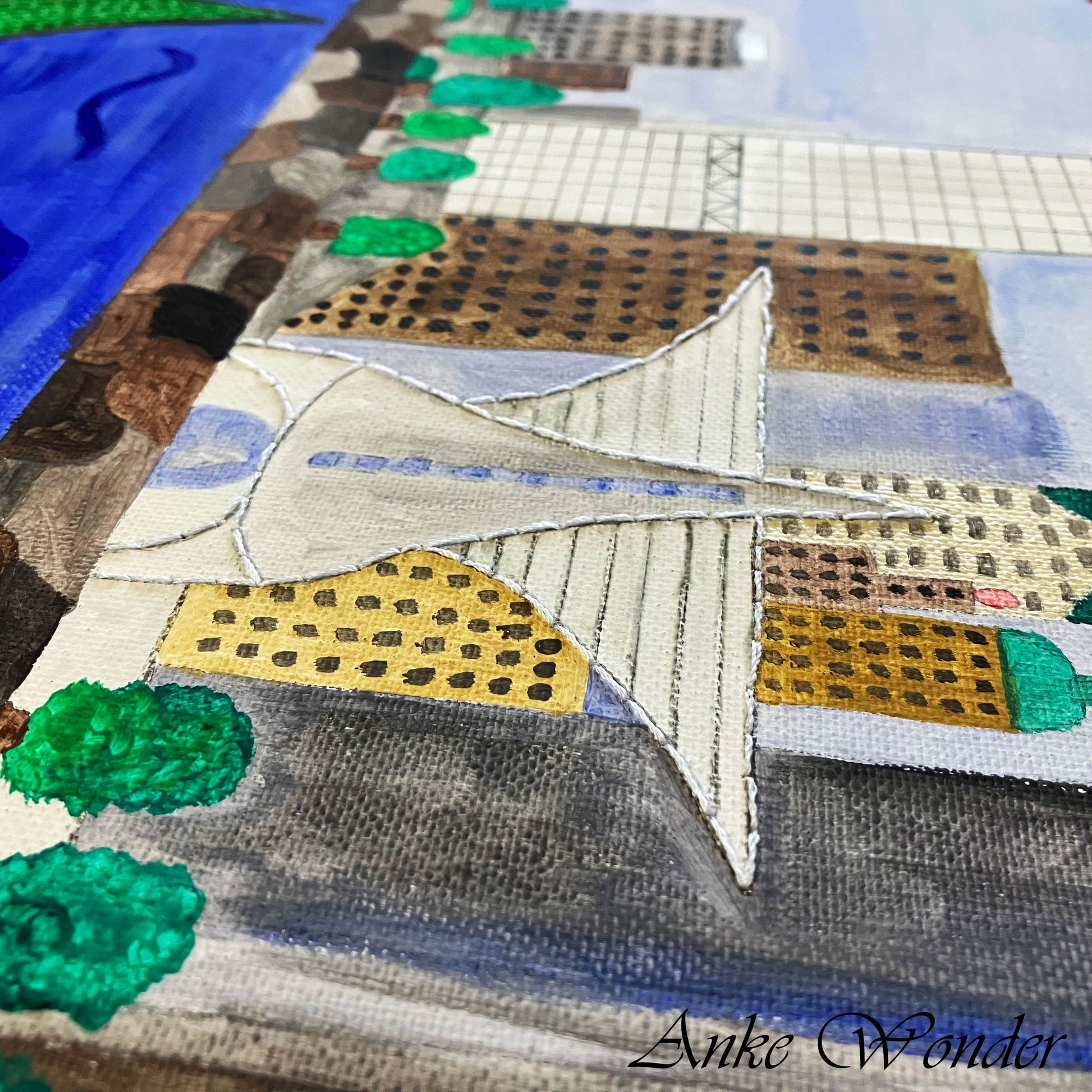 Hand-Embroidered Milwaukee Skyline with Sailboats Acrylic Painting - Original - Anke Wonder LLC