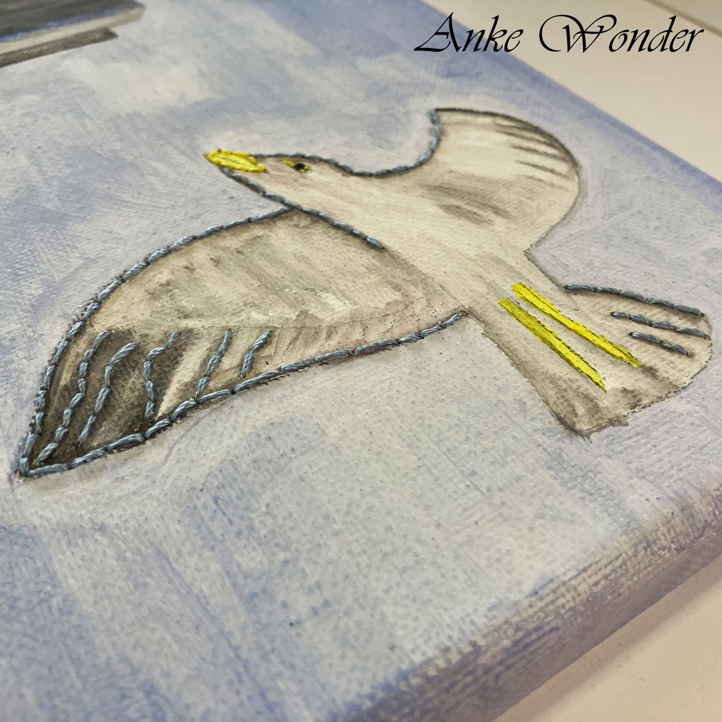 Hand-Embroidered Milwaukee Skyline with Sailboats Acrylic Painting - Original - Anke Wonder LLC