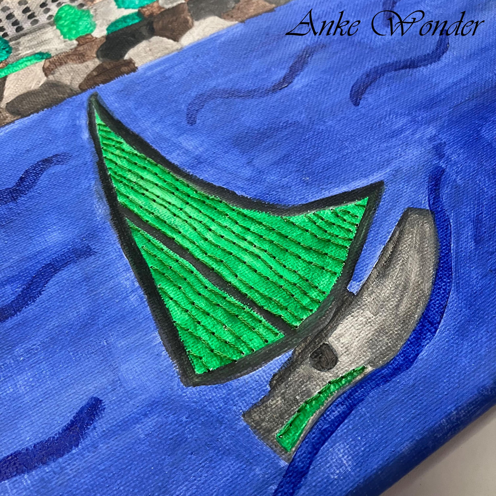 Hand-Embroidered Milwaukee Skyline with Sailboats Acrylic Painting - Original - Anke Wonder LLC