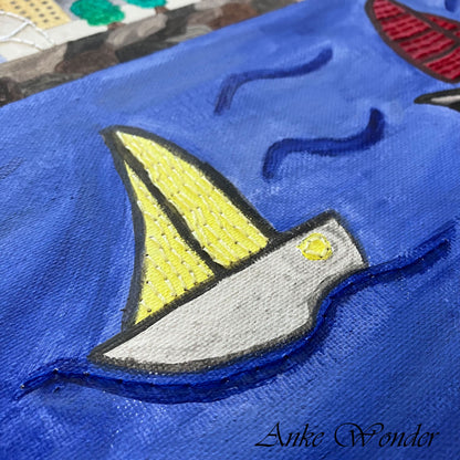 Hand-Embroidered Milwaukee Skyline with Sailboats Acrylic Painting - Original - Anke Wonder LLC