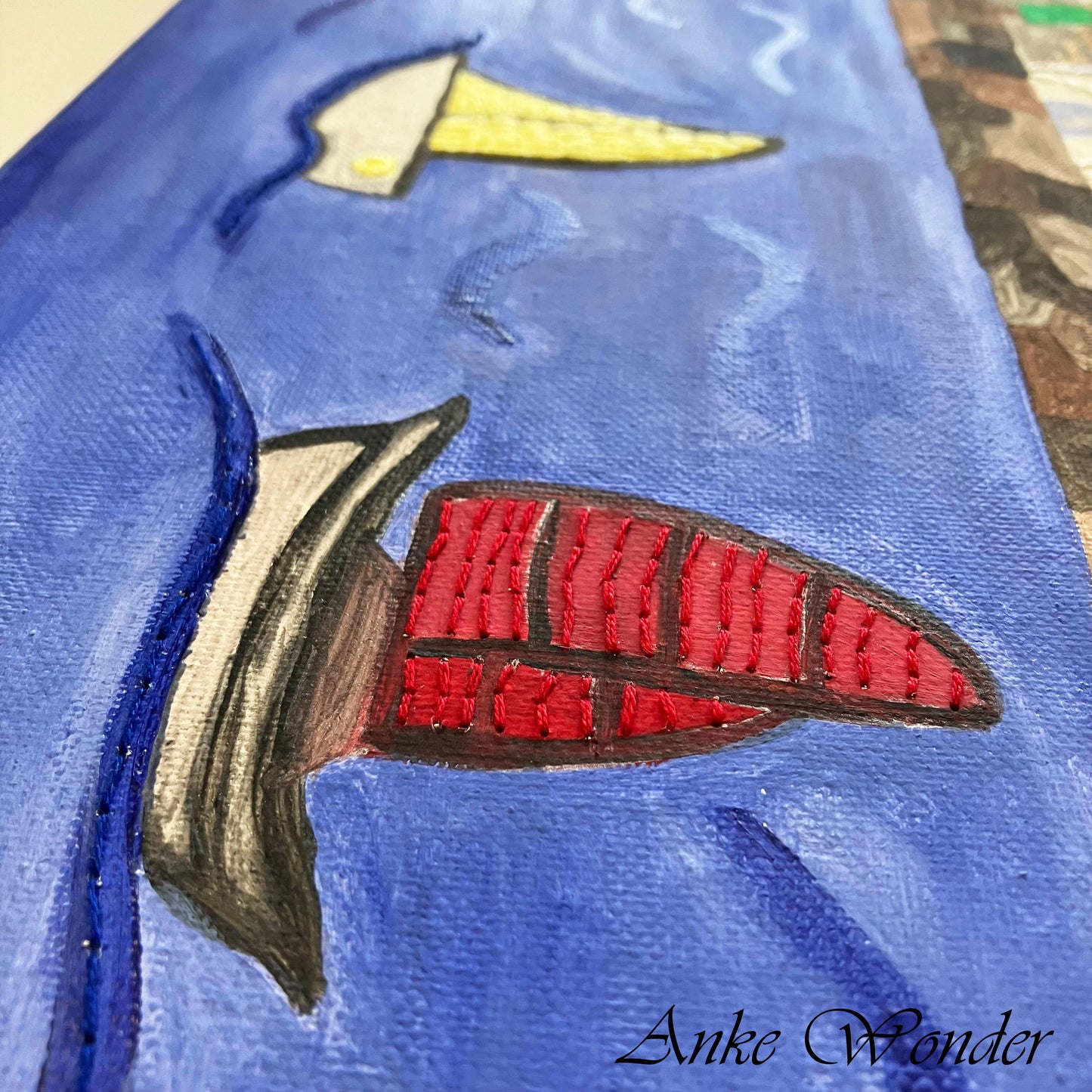 Hand-Embroidered Milwaukee Skyline with Sailboats Acrylic Painting - Original - Anke Wonder LLC