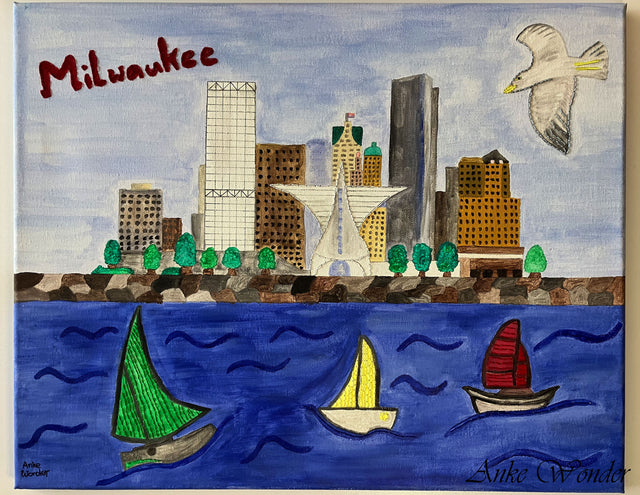 Acrylic Painting showing Milwaukee skyline with sailing boats and Milwaukee typo.