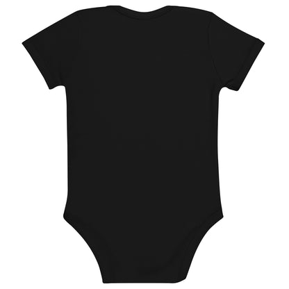 Flat lay of black organic cotton baby bodysuit showing the back design.