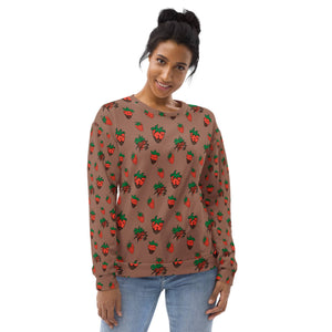 Woman wearing a Chocolate Strawberry Women's Recycled Polyester Sweatshirt with strawberry print on a chocolate brown background. Eco-friendly, soft, and fleece-lined.