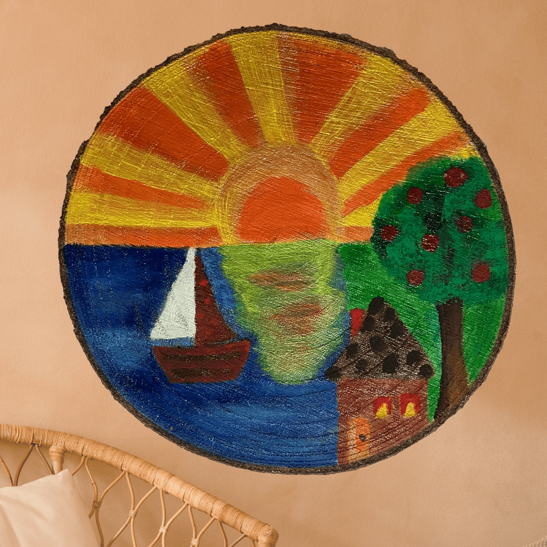 Hand-painted wooden slice featuring a serene sunset and boat motif with a house and tree, hanging on a wall. The vibrant colors of the sunset and rustic wooden texture create a cozy, nature-inspired decor piece.