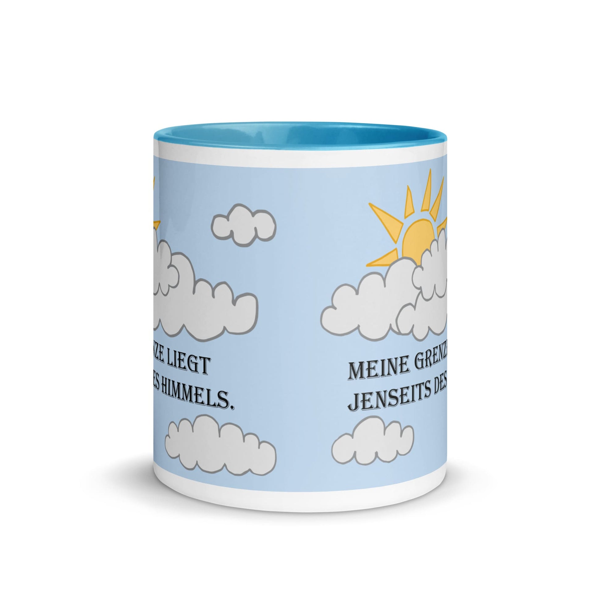 Front view of blue ceramic mug featuring the German motivational quote 'Meine Grenze liegt jenseits des Himmels,' designed to inspire limitless potential.