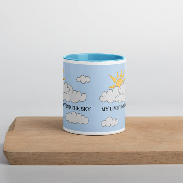 Front view of blue ceramic mug with the inspirational quote 'My Limit is Beyond the Sky,' encouraging limitless potential.