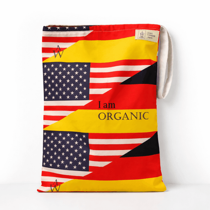 Bag with a colorful design featuring an American  and German flag and text on a white background