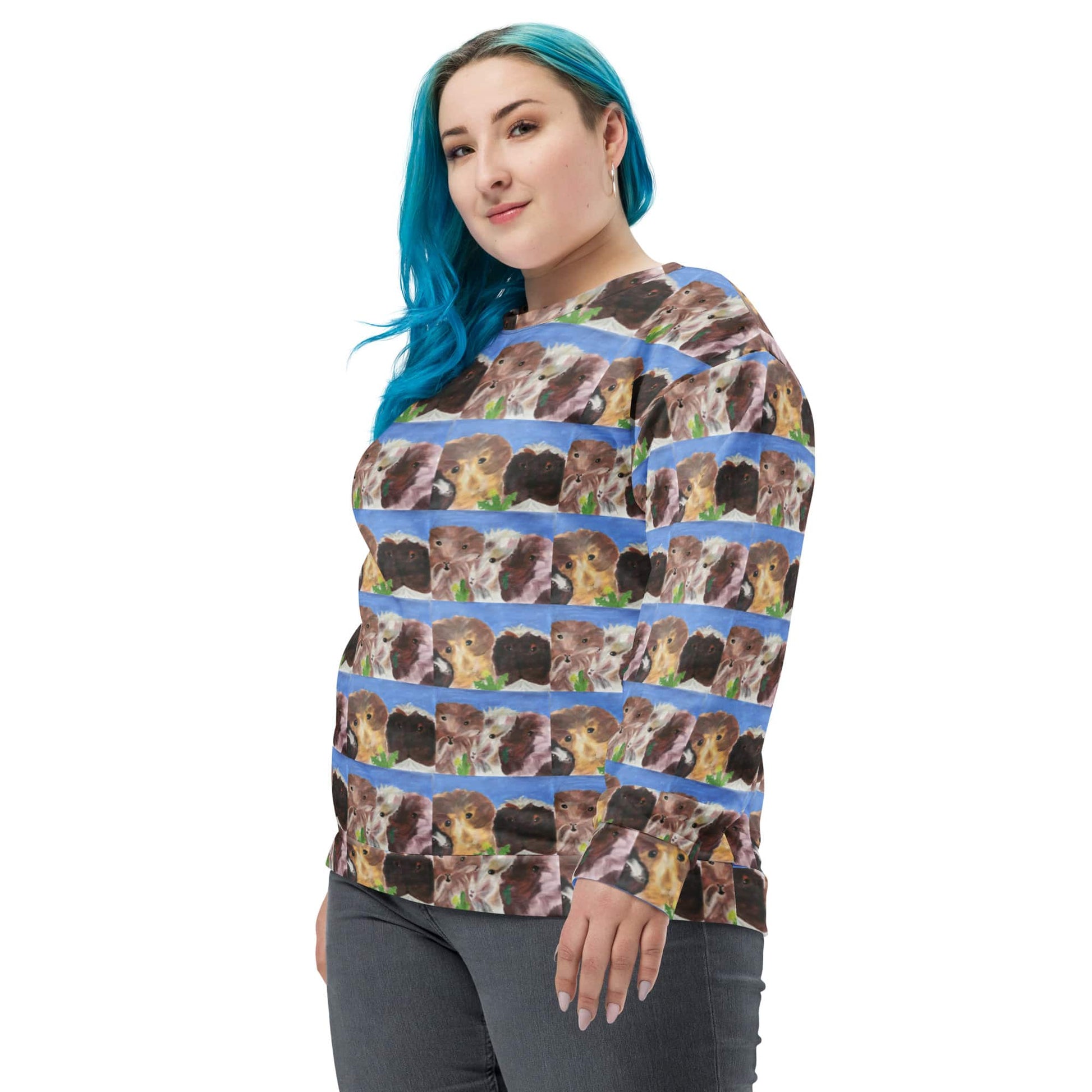 Side front view of woman wearing a sweater with guinea pig pattern on a white background