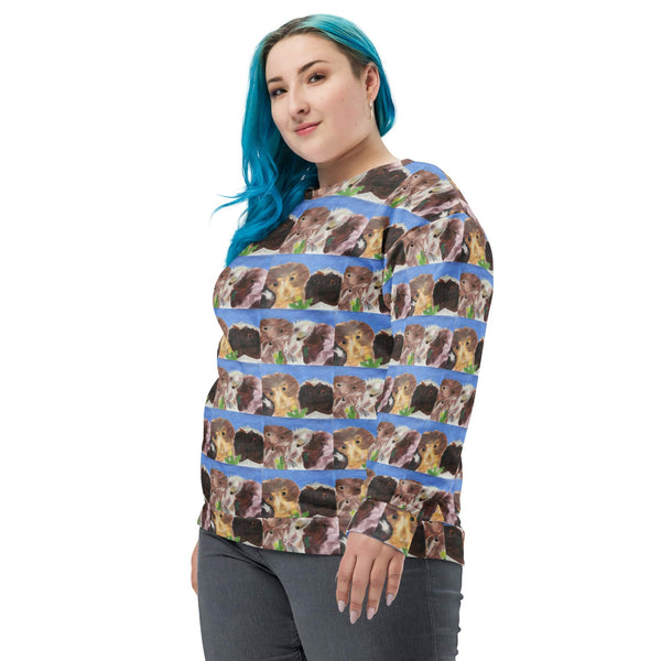 Side front view of woman wearing a sweater with guinea pig pattern on a white background