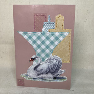 Front of Hand-Embroidered Pink vintage greeting card with a swan and Milwaukee skyline application by Anke Wonder.