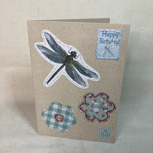 Hand-Embroidered vintage greeting card with a blue dragon-fly and flower application for gifting.