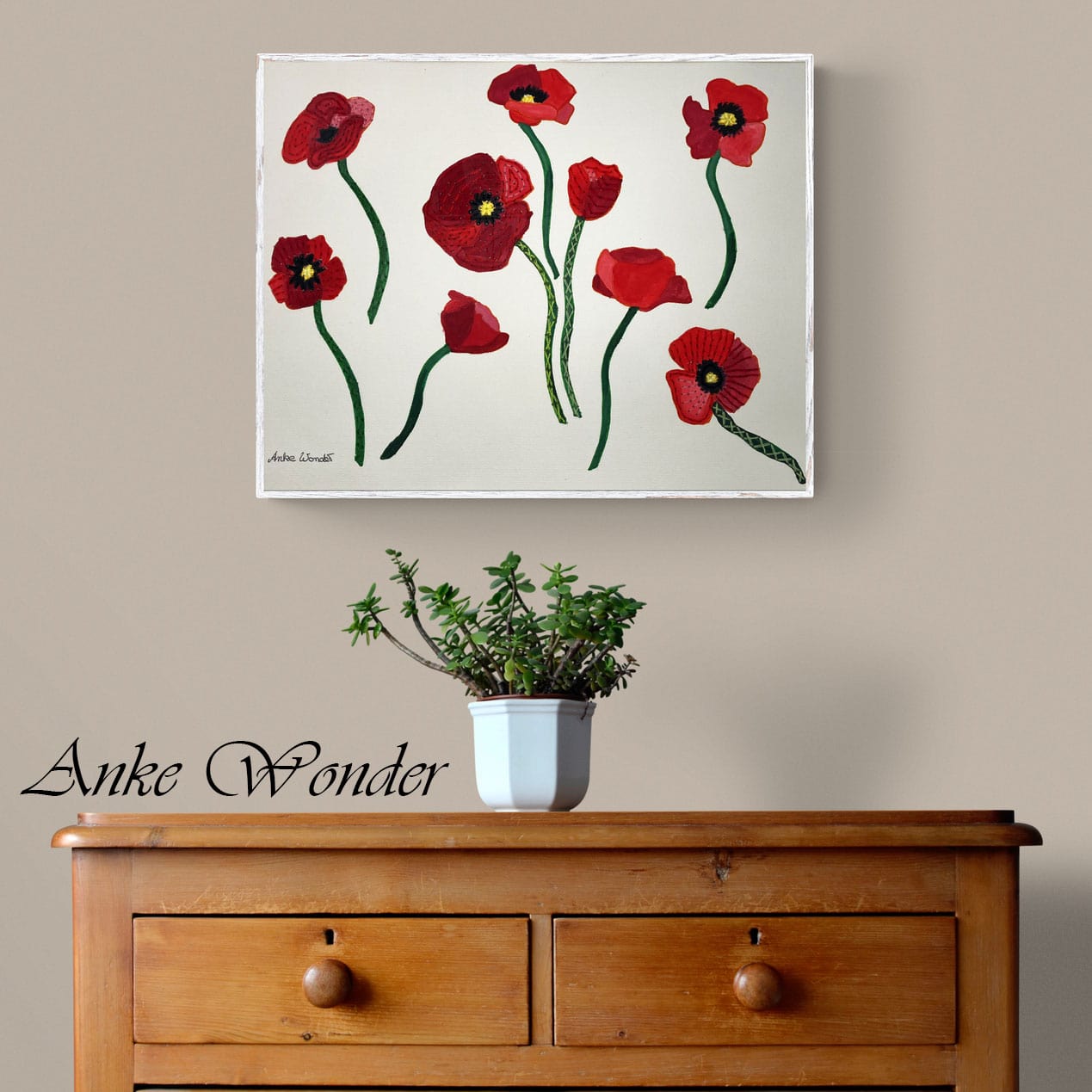 Hand-Embroidered Poppy Flowers Painting - Original - Anke Wonder LLC