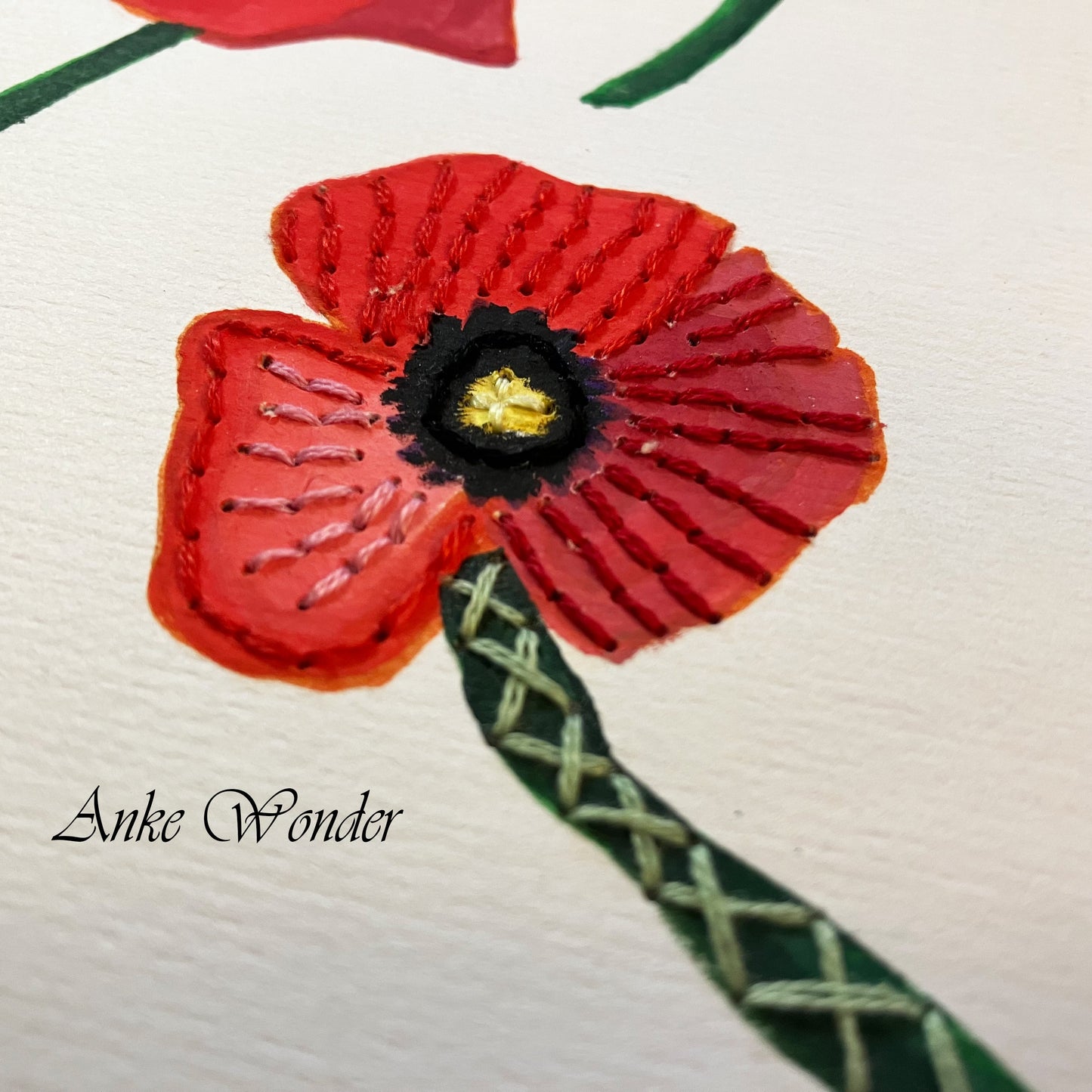 Hand-Embroidered Poppy Flowers Painting - Original - Anke Wonder LLC