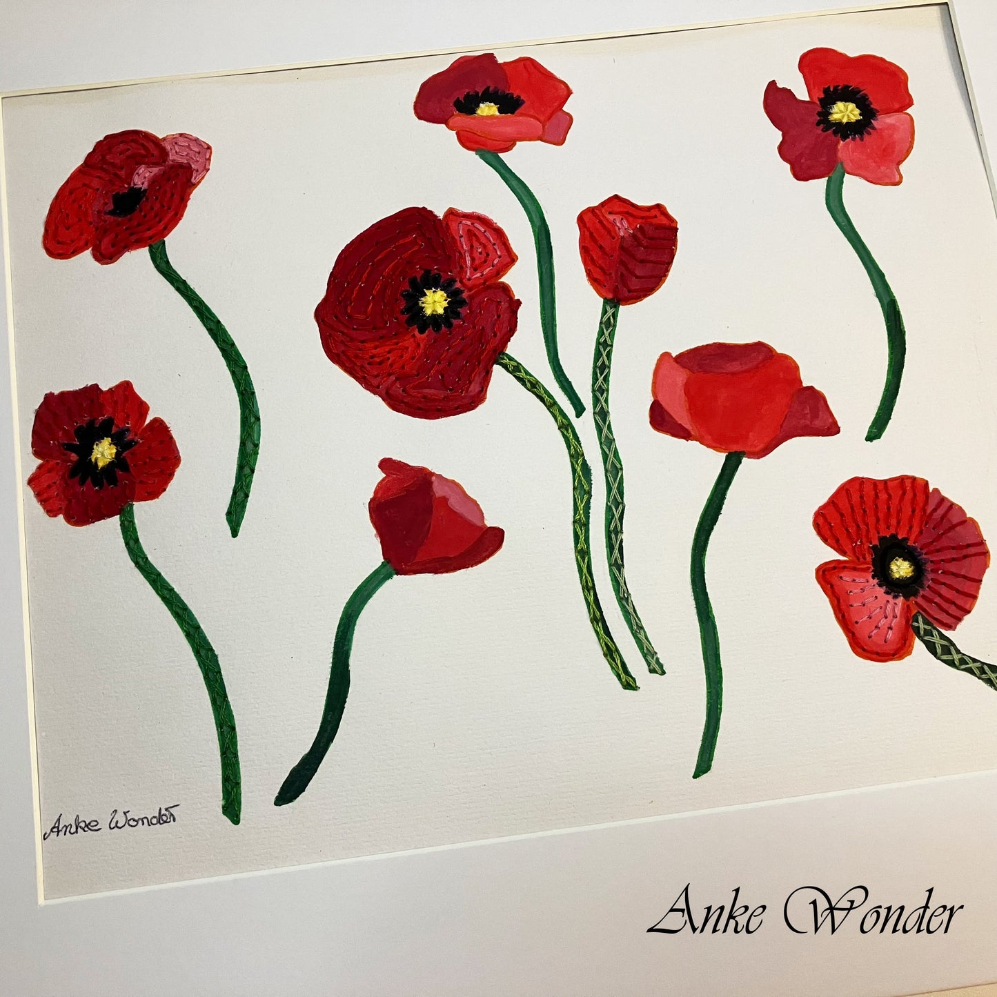Hand-Embroidered Poppy Flowers Painting - Original - Anke Wonder LLC