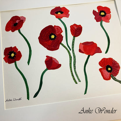 Hand-Embroidered Poppy Flowers Painting - Original - Anke Wonder LLC