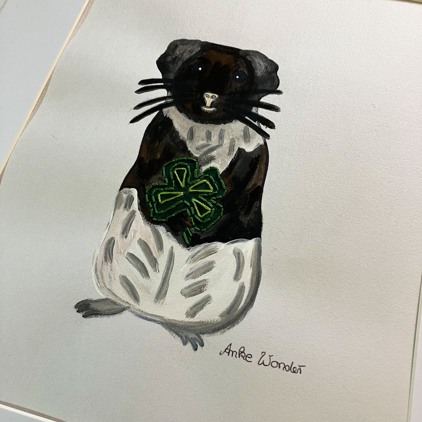 Hand-Embroidered Guinea Pig with Four-Leaf Clover Painting - Original - Anke Wonder LLC