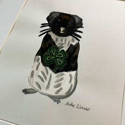 Hand-Embroidered Guinea Pig with Four-Leaf Clover Painting - Original - Anke Wonder LLC