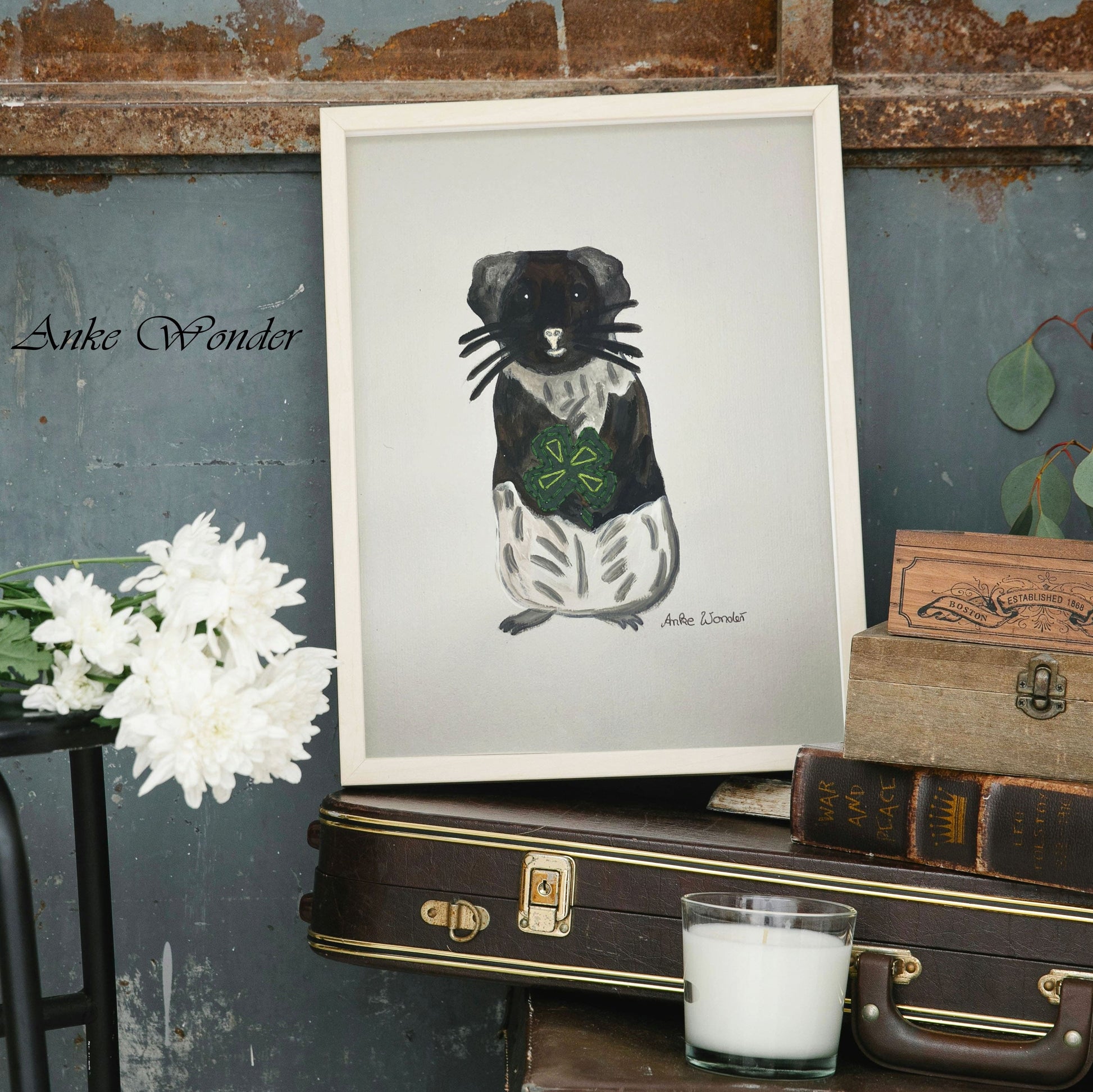 Hand-Embroidered Guinea Pig with Four-Leaf Clover Painting - Original - Anke Wonder LLC