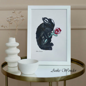 Hand-Embroidered Rabbit with Rose Painting - Original