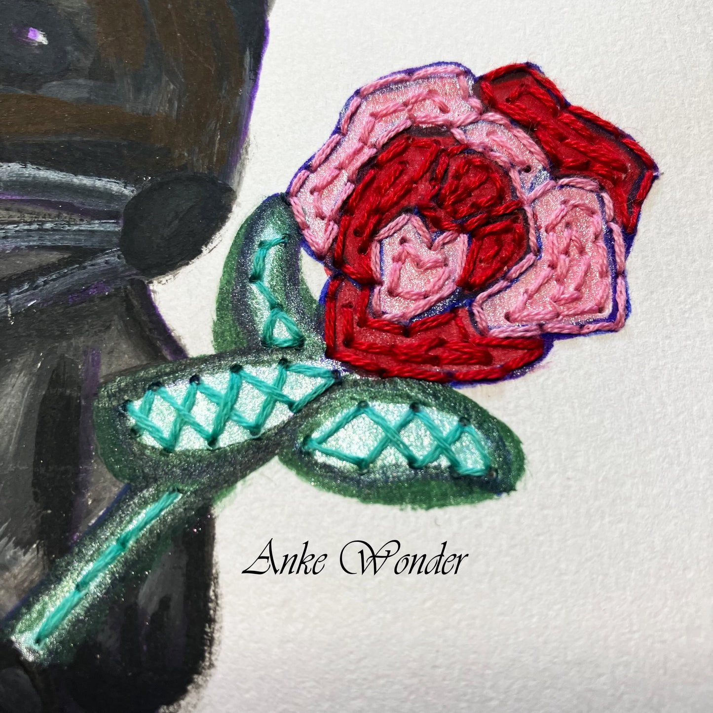 Hand-Embroidered Rabbit with Rose Painting - Original - Anke Wonder LLC