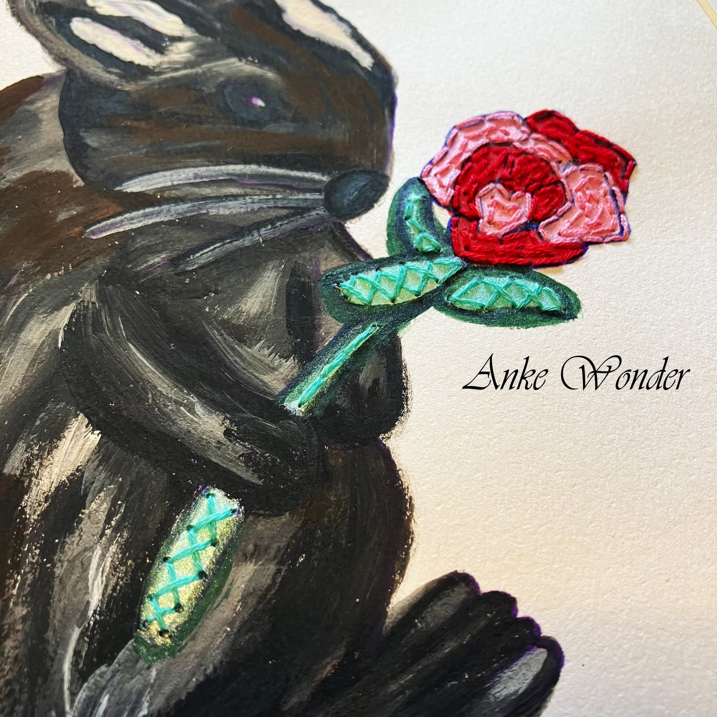 Hand-Embroidered Rabbit with Rose Painting - Original - Anke Wonder LLC