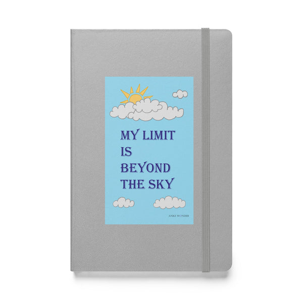 Front cover of hardcover notebook featuring the phrase "My Limit is Beyond the Sky" in blue lettering, displayed against a white background.