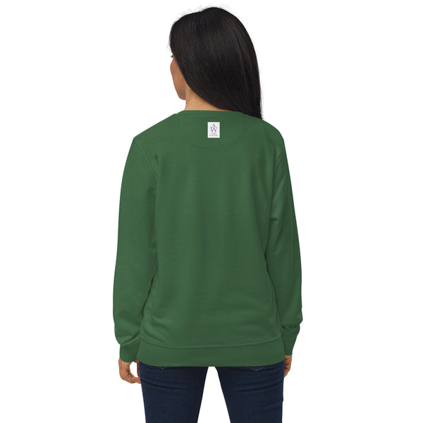 Back view of model wearing the green Hedgehog Hugs Organic Cotton Women Sweatshirt, showing the Anke Wonder label on the neck.