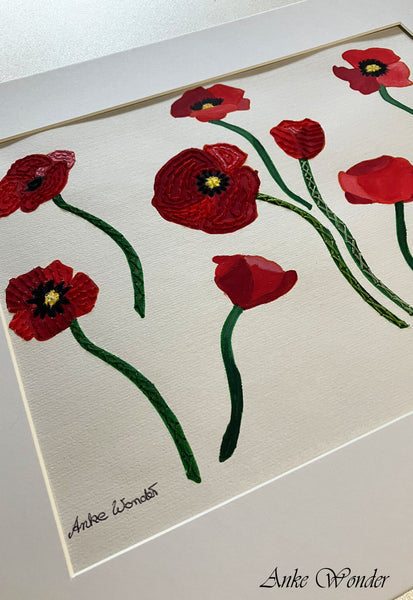 Hand-Embroidered Poppy Flowers Painting - Anke Wonder LLC