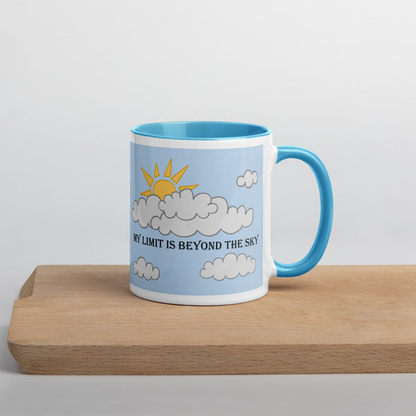 Right side view of blue ceramic mug with inspirational quote 'My Limit is Beyond the Sky,' featuring a blue handle and rim.