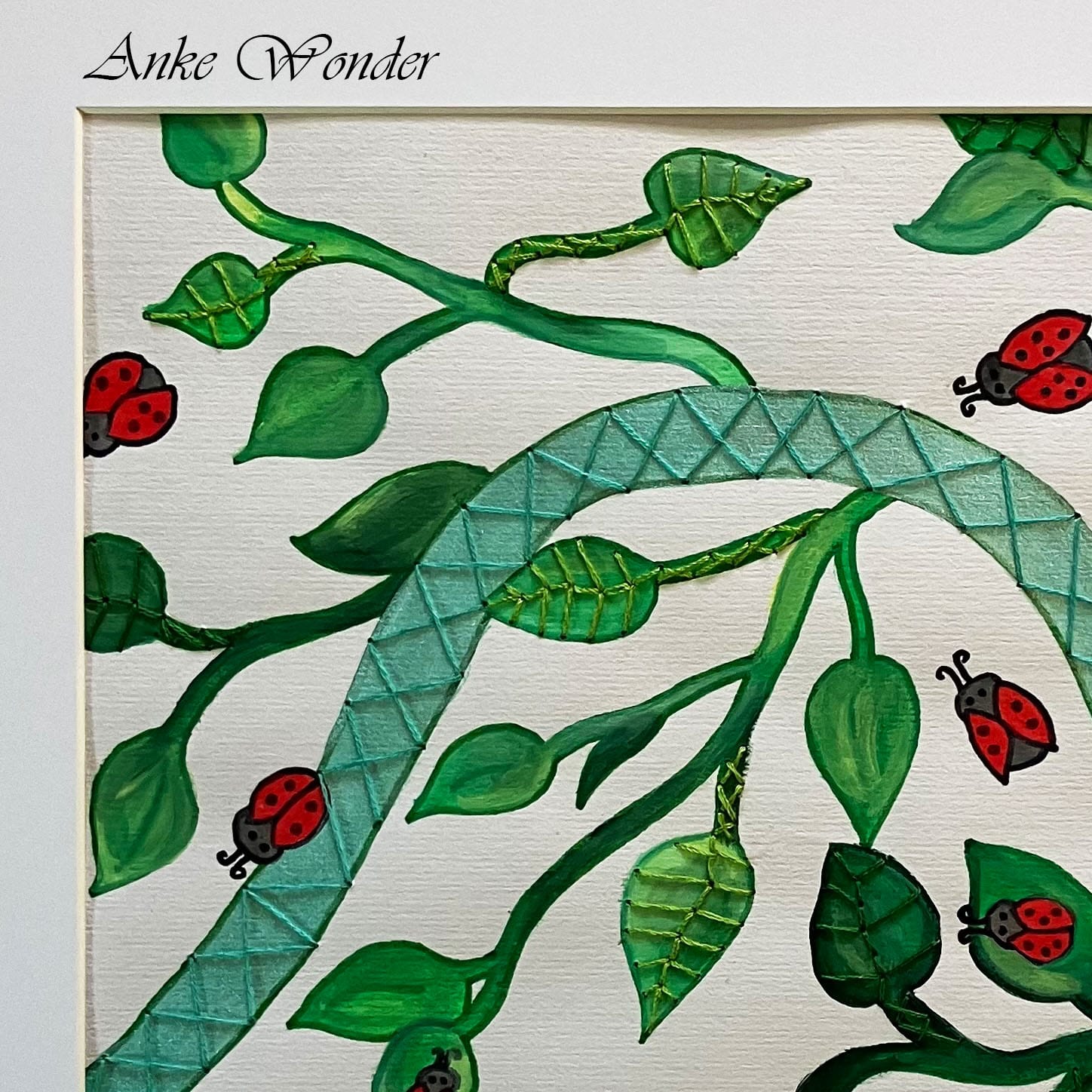 Hand-Embroidered Ladybirds and Leaves Painting - Original - Anke Wonder LLC