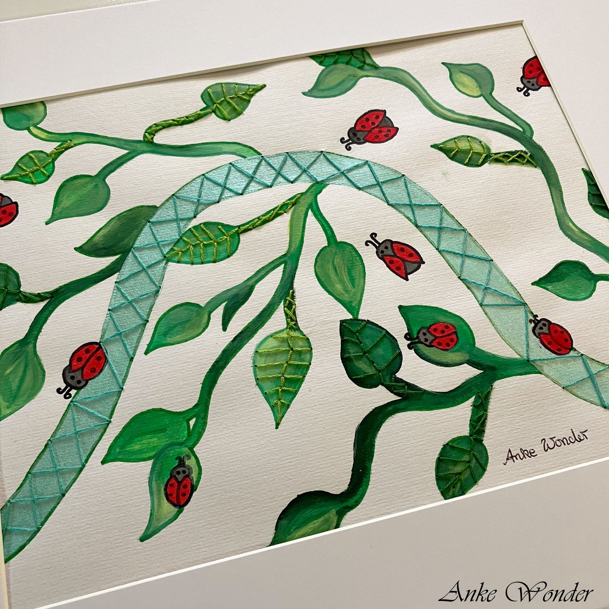 Hand-Embroidered Ladybirds and Leaves Painting - Original - Anke Wonder LLC