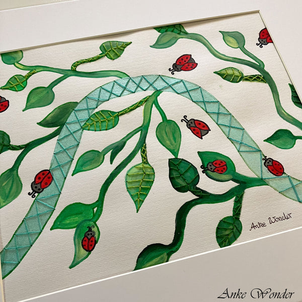 Hand-Embroidered Ladybirds and Leaves Painting - Original