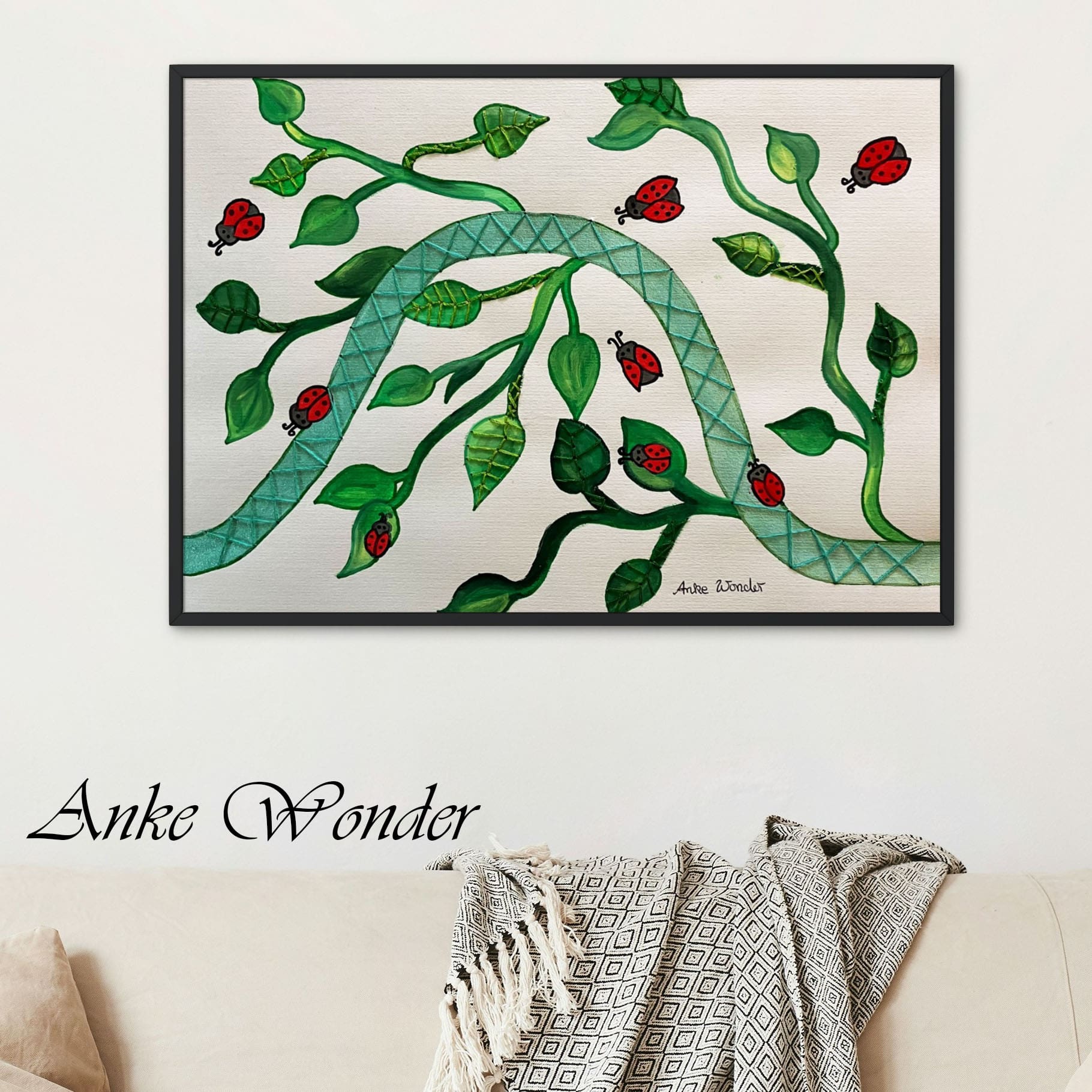 Hand-Embroidered Ladybirds and Leaves Painting - Original - Anke Wonder LLC