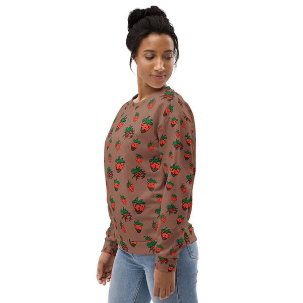 Woman wearing the left side of the Chocolate Strawberry Women's Recycled Polyester Sweatshirt, highlighting the comfortable fit, eco-friendly fabric, and strawberry print on the chocolate brown background.