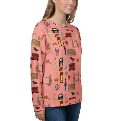 Close-up of the sweatshirt’s front right side, highlighting the intricate London icons, such as a black cab, Ferris wheel, red phone booth, and the Shard, printed on soft, eco-friendly fabric.
