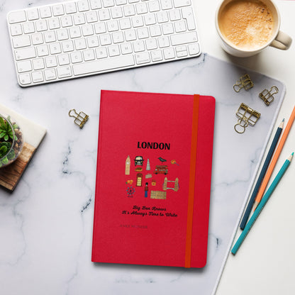 Red hardcover notebook featuring London landmarks illustration and the phrase 'Big Ben Knows It’s Always Time to Write' by Anke Wonder.