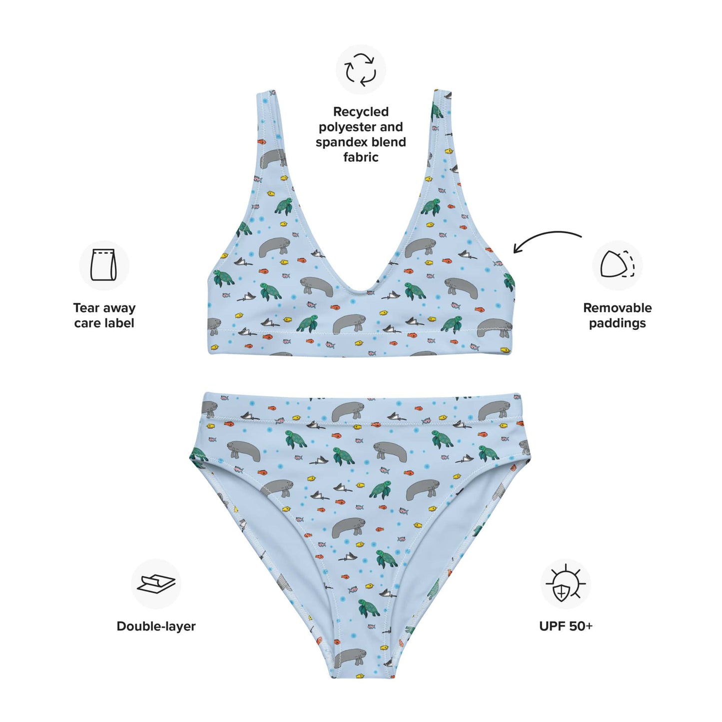 A flat lay of a high-waisted bikini with a manatee and turtle print, highlighting the soft, double-layered fabric, UPF 50+ protection, and quality stitching.