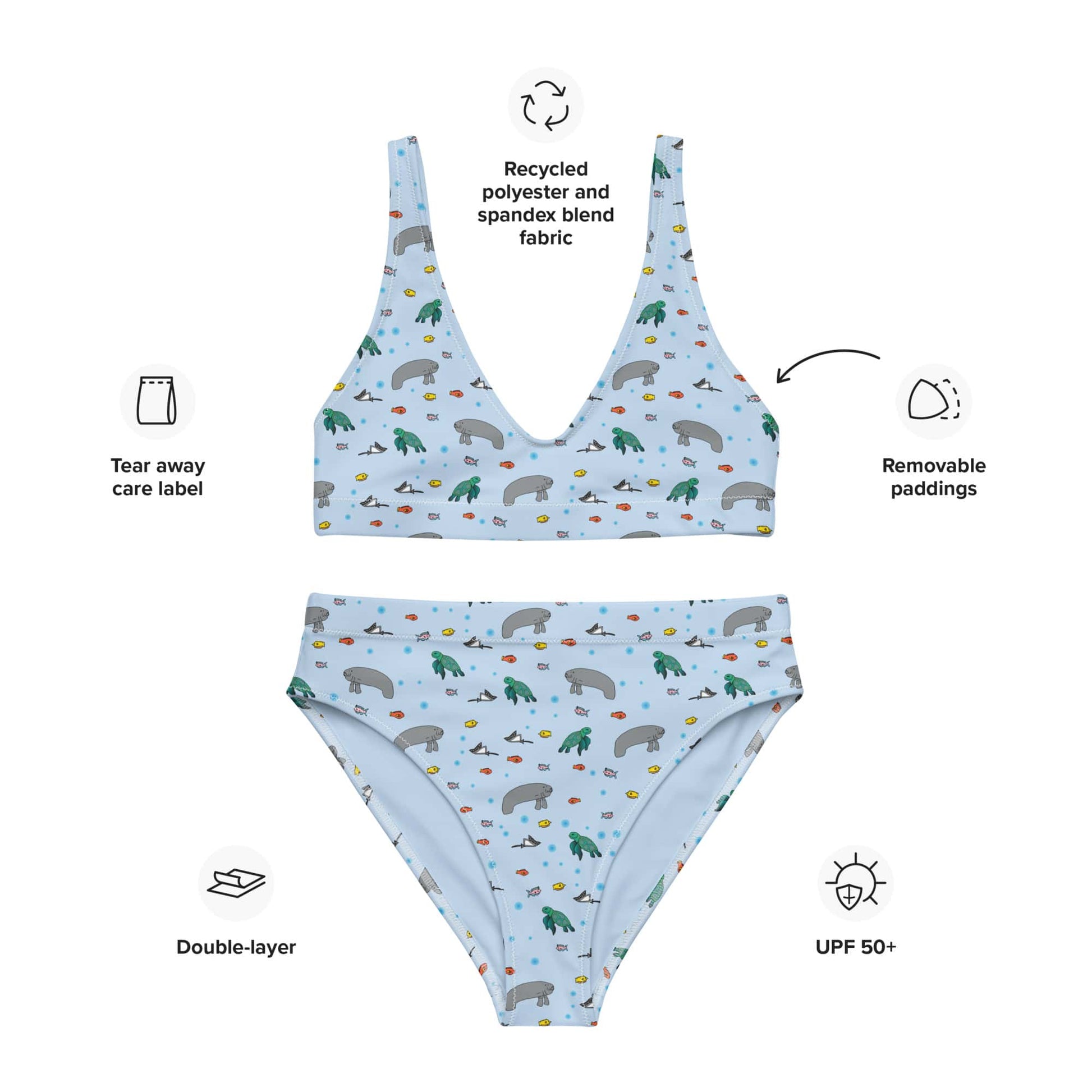 A flat lay of a high-waisted bikini with a manatee and turtle print, highlighting the soft, double-layered fabric, UPF 50+ protection, and quality stitching.