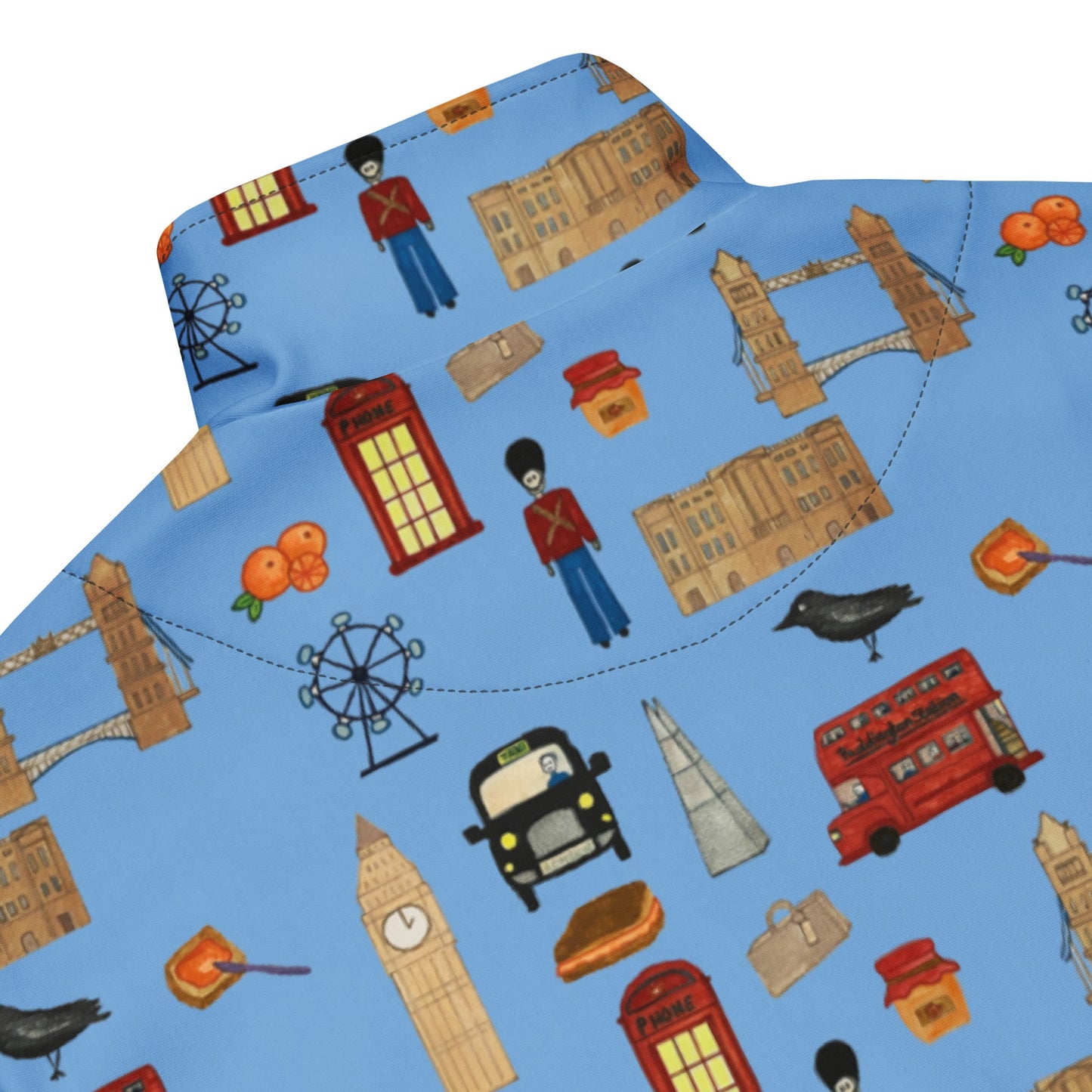 Close-up of the mock neck and upper back of the men's London-themed track jacket, highlighting the soft brushed fleece lining and clean seam detailing.