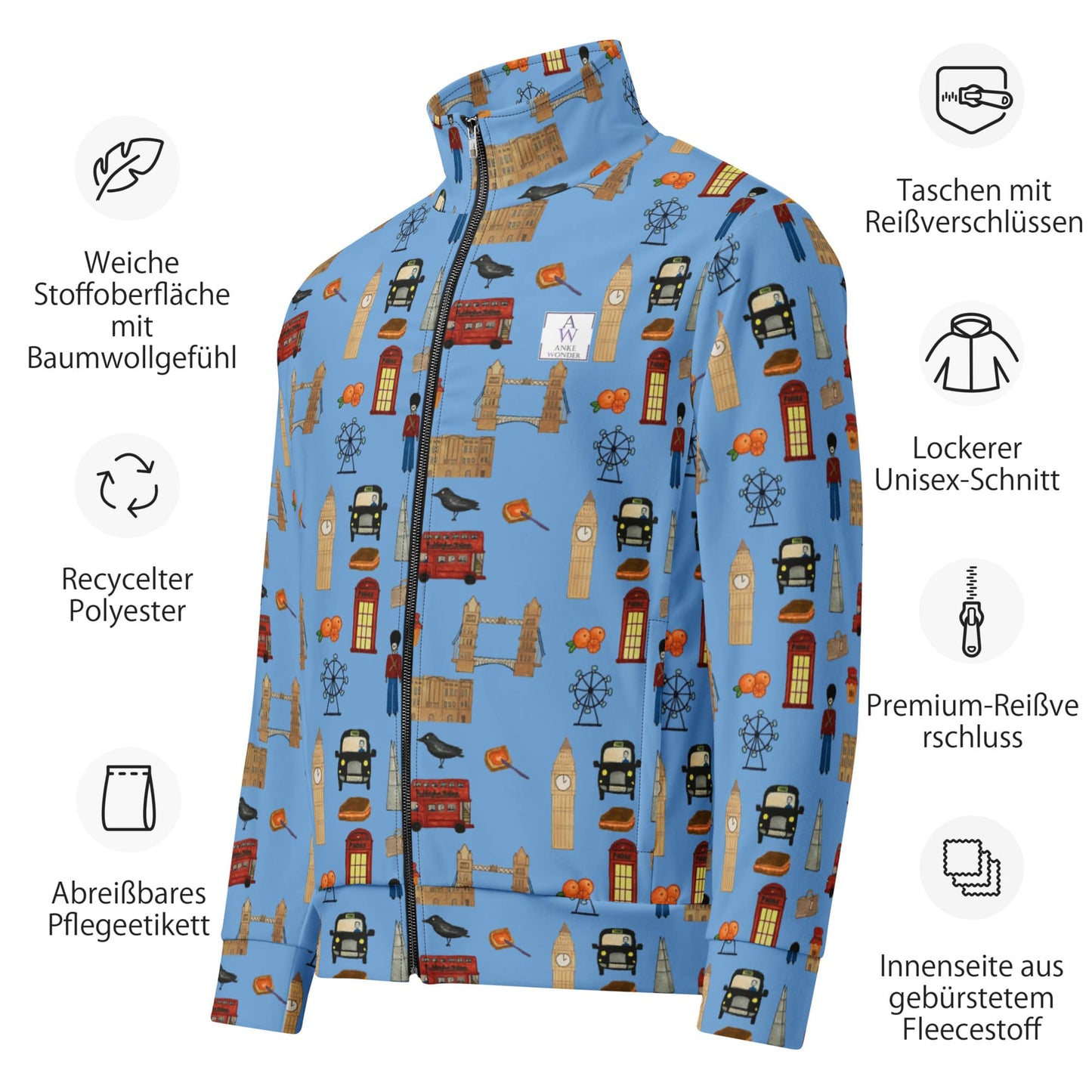 Flat lay of the sustainable men’s track jacket with playful London-themed artwork, shown with detailed product information and material breakdown in German.