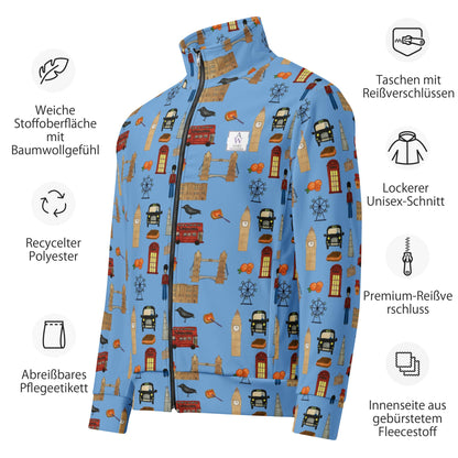Flat lay of the sustainable men’s track jacket with playful London-themed artwork, shown with detailed product information and material breakdown in German.